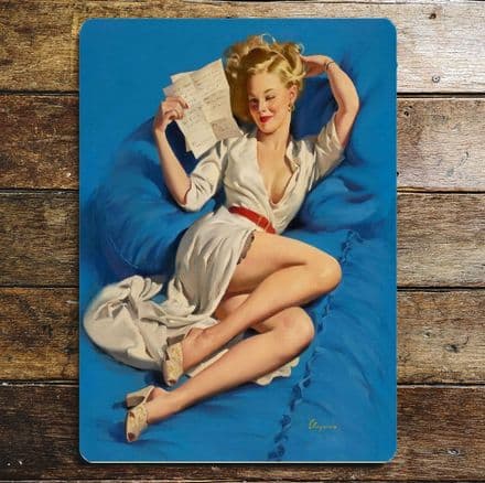 Pin Up Girl In Bed - Metal Plaque Art Wall Sign