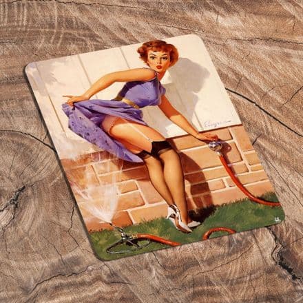 Pin Up Girl In Garden and Hose - Metal Plaque Art Wall Sign