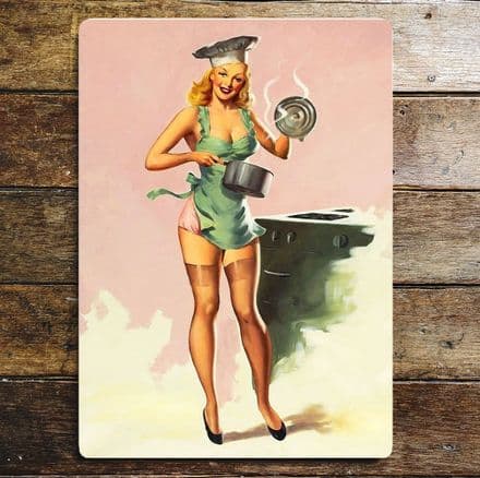 Pin Up Girl Kitchen Chef - Metal Plaque Art Wall Sign