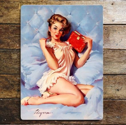 Pin Up Girl On Bed with diary - Metal Plaque Art Wall Sign