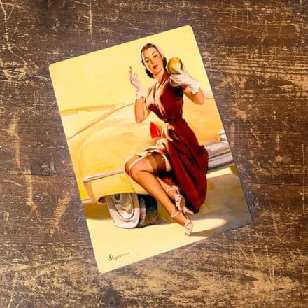Pin Up Girl On Car - Metal Plaque Art Wall Sign