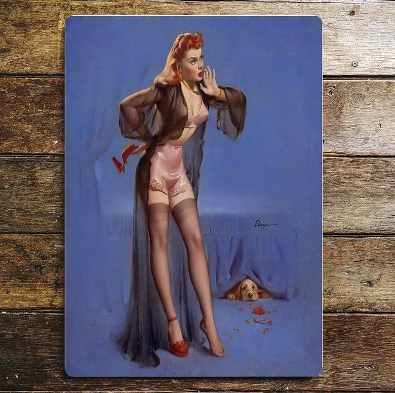 Pin Up Girl Spaniel Naughty Dog eating shoe  - Metal Plaque Art Wall Sign