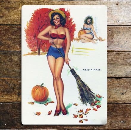 Pinup Girl Autumn Sweeping Broom Pumpkin - Metal Plaque Wall Sign