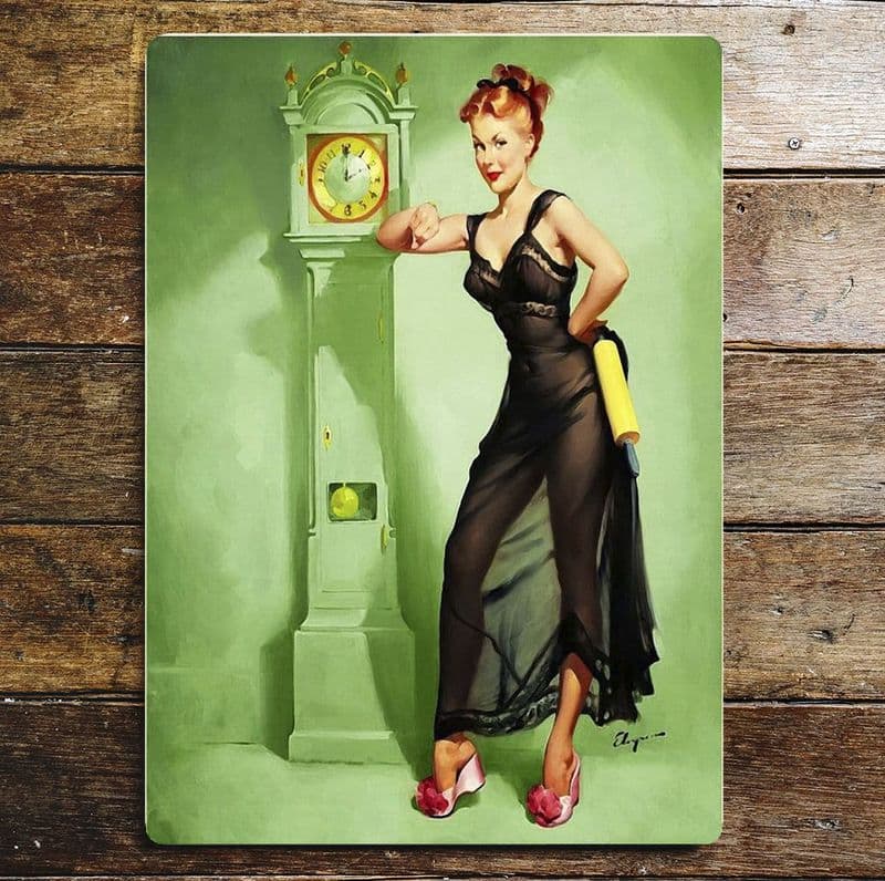 Pinup Clock Face Pinup Girl Green Clock - Metal Humour Wall Sign