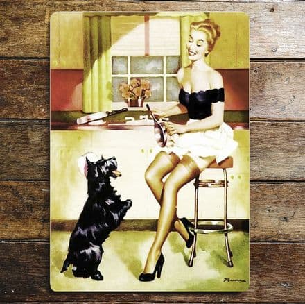 Pinup Girl Kitchen Dog Terrier Scottie Cleaning - Metal Pin Up Wall Sign