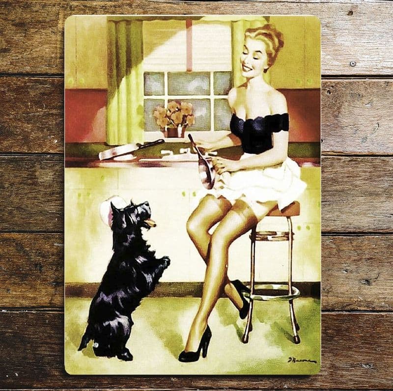 Pinup Girl Kitchen Dog Terrier Scottie Cleaning - Metal Pin Up Wall Sign