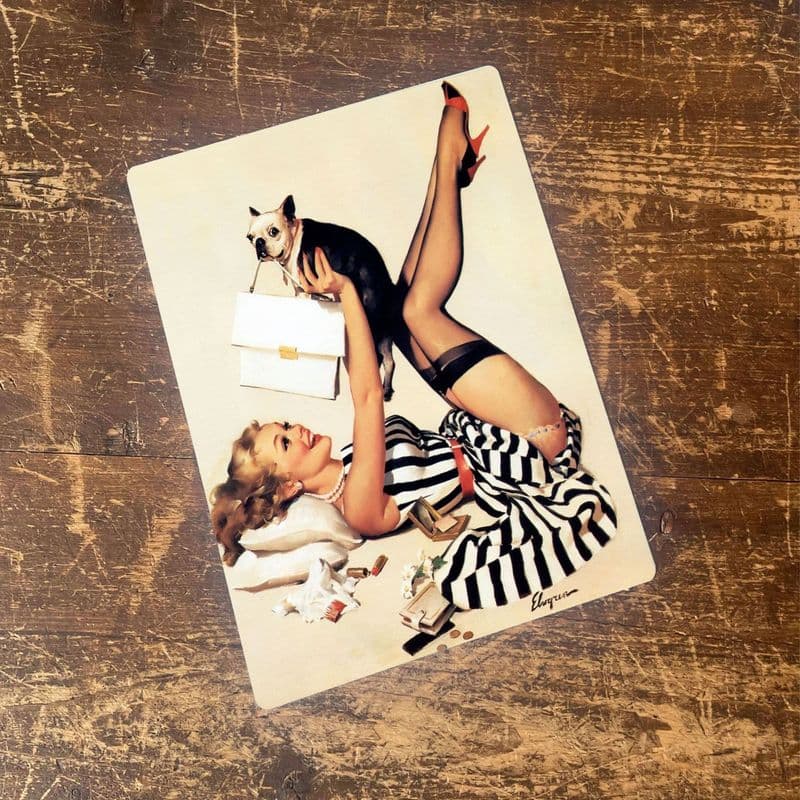 Pinup Girl Legs in air hand bag Boston Terrier - Metal Pin Up Wall Sign