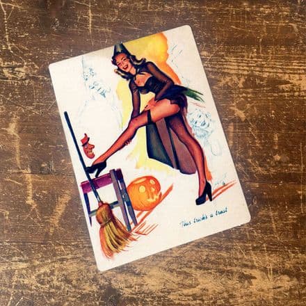 Pinup Girl Witch Pumpkin Broom - Metal Plaque Wall Sign
