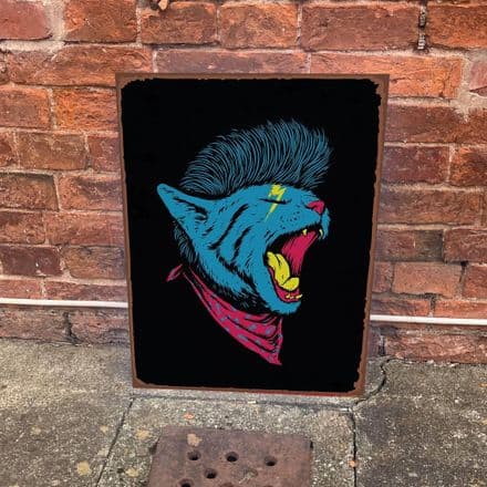 Punk Rock Cat Blue Bowie Lightening Bolt - Metal Art Wall Sign
