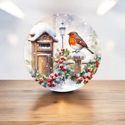 Robin on snowy fence, winter circle - Metal Street Sign Wall Sign