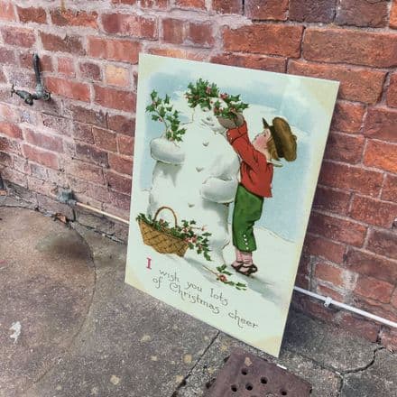 Vintage Christmas Wishes Cheers Snowman - Metal Wall Sign