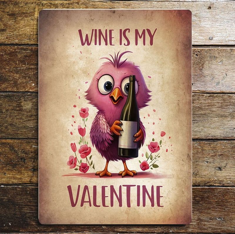 Wine is my Valentine pink bird funnt humour  Metal Wall Sign