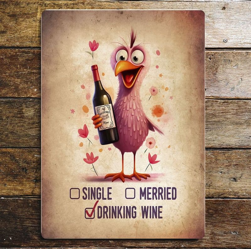 x single x married O Drinking Wine humour lovebird carrying bottle Metal Wall Sign