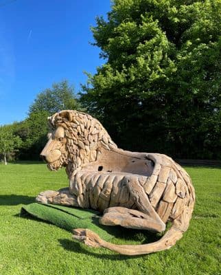 Giant Hand Crafted Teak Wood Lion Statue Bench