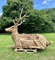 Giant Hand Crafted Teak Wood Stag Deer Statue Bench