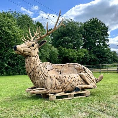 Giant Hand Crafted Teak Wood Stag Deer Statue Bench