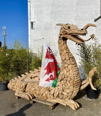 Giant Handcrafted Teak Wood Welsh Dragon Statue Bench