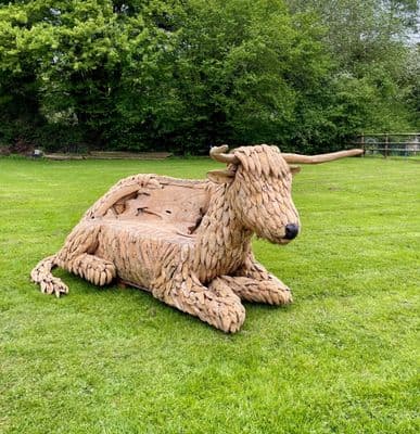 Handcrafted Teak Wood Highland Cow Statue Bench