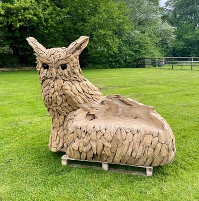 Handcrafted Teak Wood Owl Statue Bench