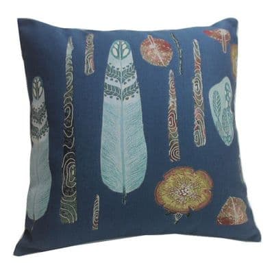 OH LA LA Double Side Luxurious Woven Tapestry Navy Feather & Leaf Cushion