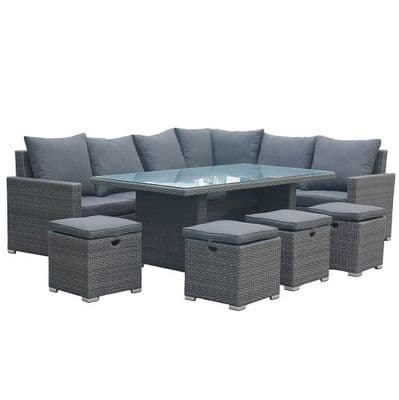 Parisian Rattan Corner Dinning Set with Rectangular Table & 4 Foot Stools