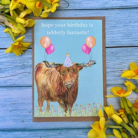 HAVE AN UDDERLY FANTASTIC BIRTHDAY HIGHLAND COW ECO CARD