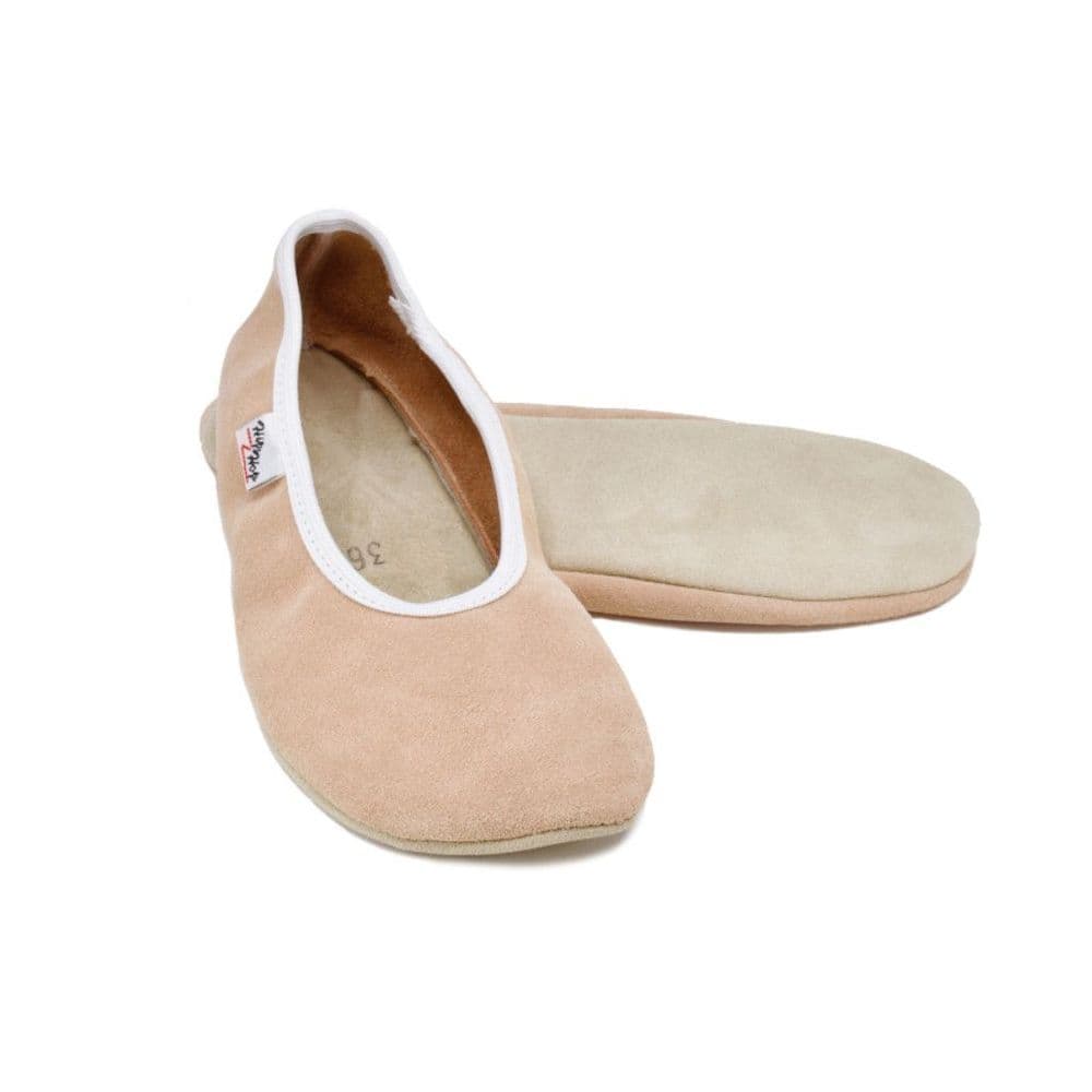 Omaking Kids' Soft-Soled Leather Slippers Gymnastic Dance Shoes Beige