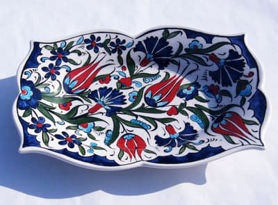 Blue Carnation and Red Tulip Turkish Ceramic Serving Dish