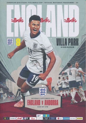 2025 England v Andorra  (World Cup Qualifier @ Villa Park) - official programme IN STOCK NOW!