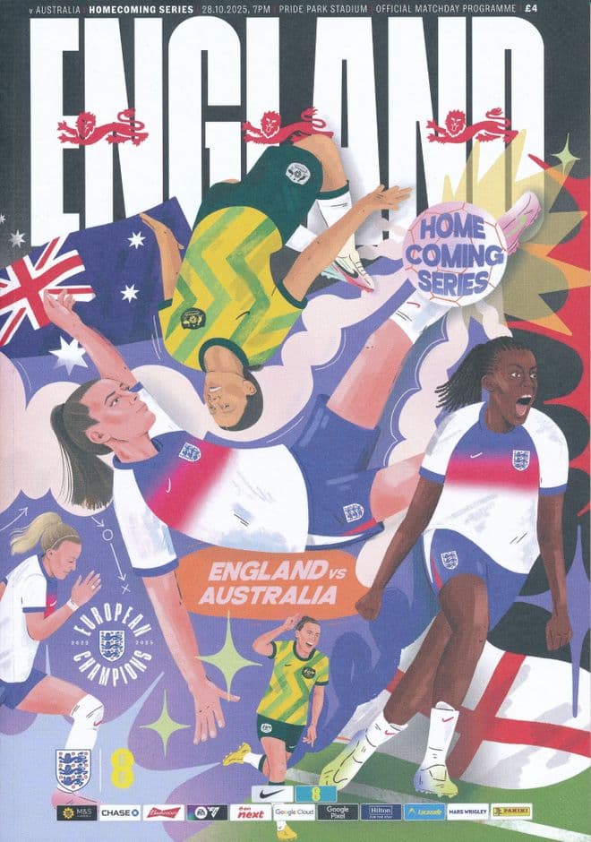 2025 England v Australia  (Women's Euro Winners homecoming  @ Derby County)  - Official programme