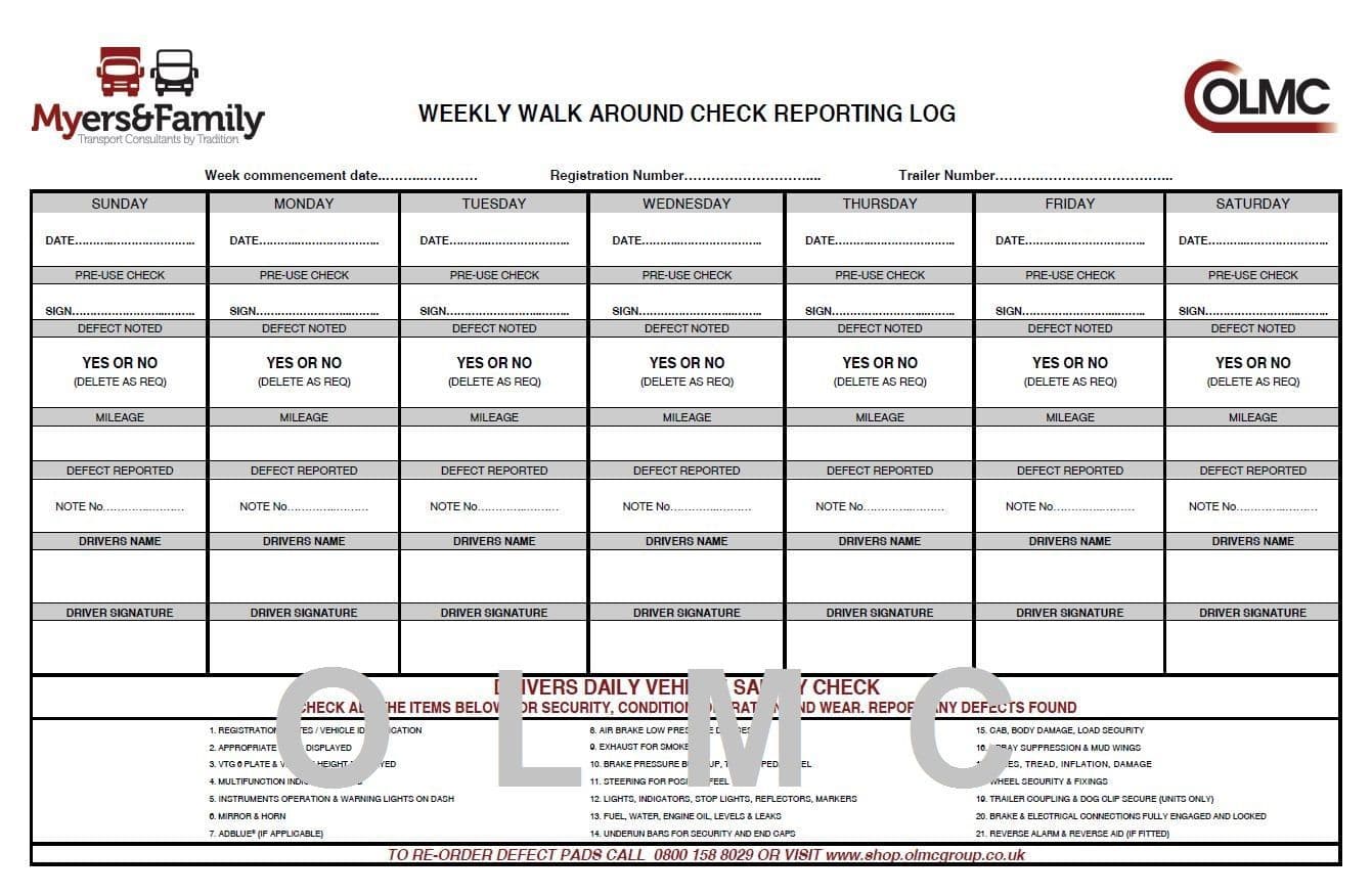 Weekly Vehicle NilDefect Reporting Pad HGV