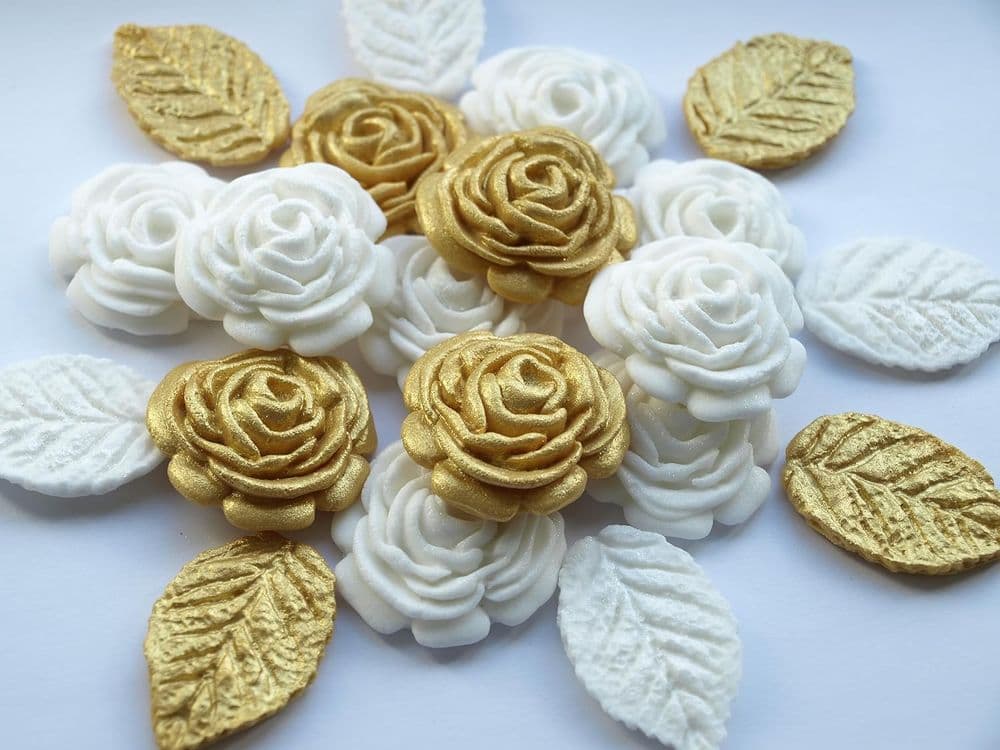 12x White Gold Roses Leaves Cake Toppers Edible Birthday Christening ...