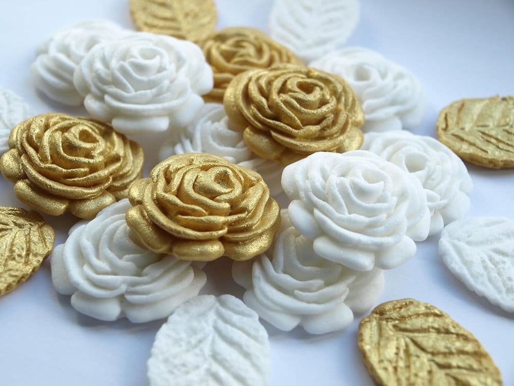 12x White Gold Roses Leaves Cake Toppers Edible Birthday Christening ...
