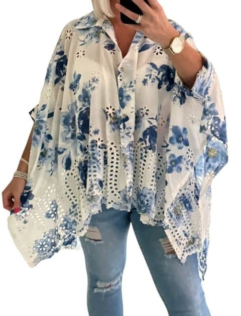100% Cotton Batwing Broderie Anglaise Shirt Blue