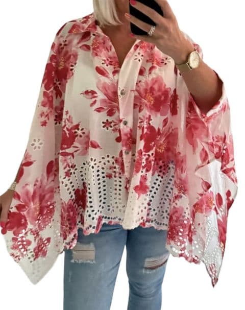 100% Cotton Batwing Broderie Anglaise Shirt Red