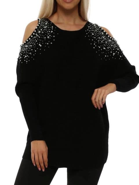 Adelina Diamante & Pearl Cold Shoulder Jumper Black