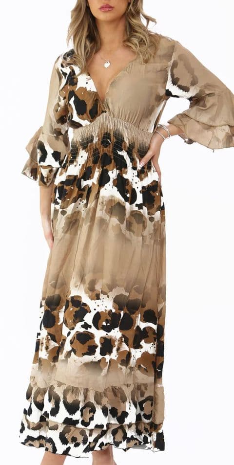 AMBER ANIMAL LEOPARD PRINT SHIRRED MAX DRESS BEIGE