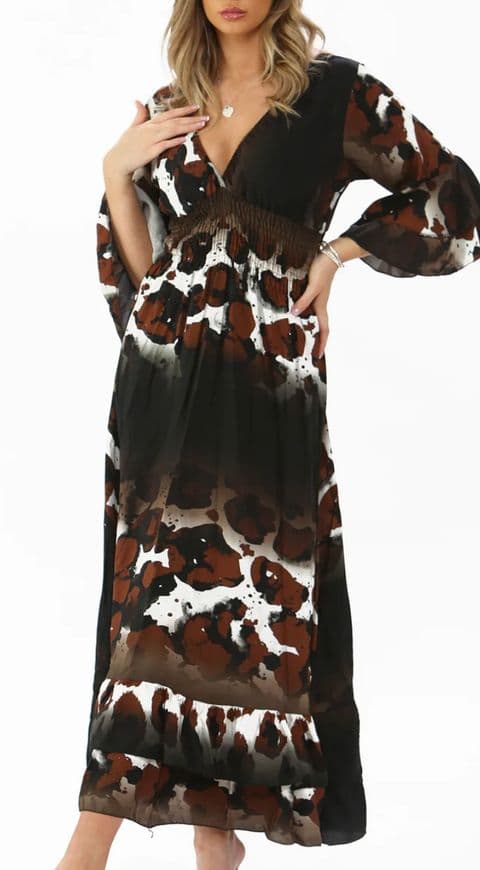 AMBER ANIMAL LEOPARD PRINT SHIRRED MAX DRESS BLACK
