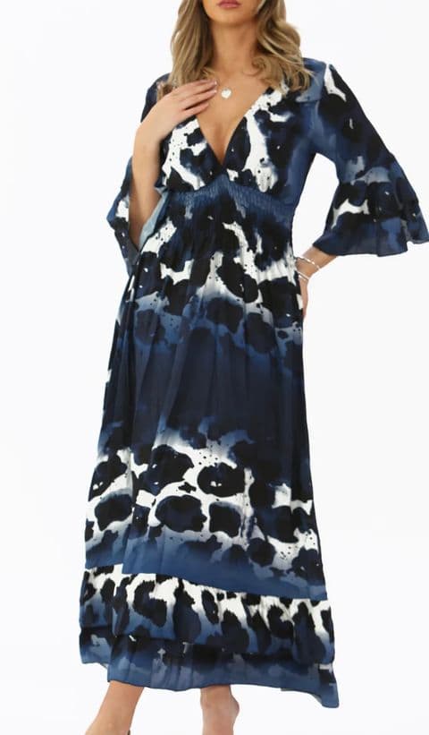 AMBER ANIMAL LEOPARD PRINT SHIRRED MAX DRESS NAVY