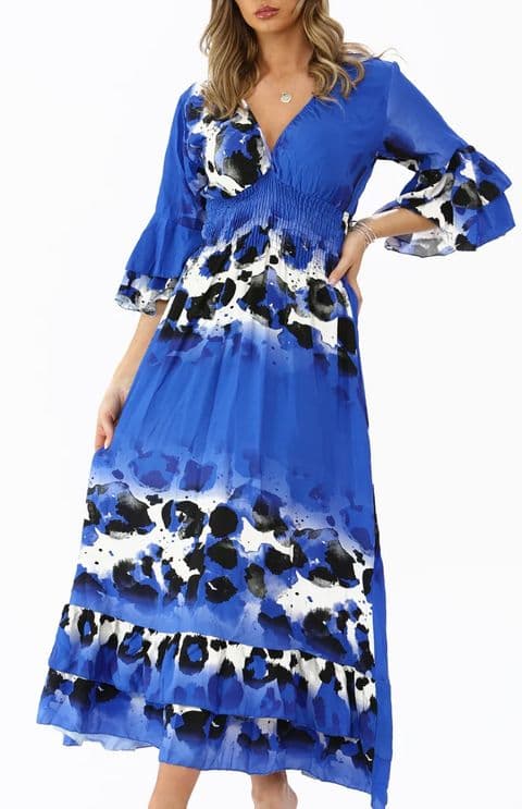 AMBER ANIMAL LEOPARD PRINT SHIRRED MAX DRESS ROYAL BLUE