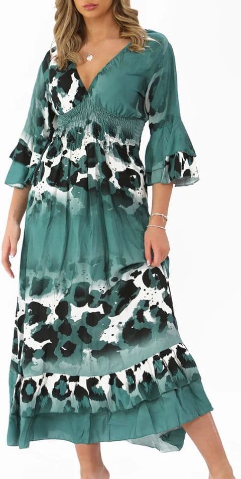 AMBER ANIMAL LEOPARD PRINT SHIRRED MAX DRESS TEAL