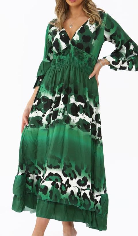 AMBER ANIMAL LEOPARD PRINT SHIRRED MAXI DRESS GREEN