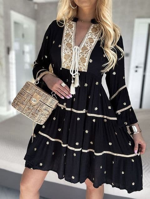 Anya Sequin Gold Polka Dot Smock Dress Black