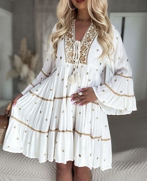 Anya Sequin Gold Polka Dot Smock Dress White