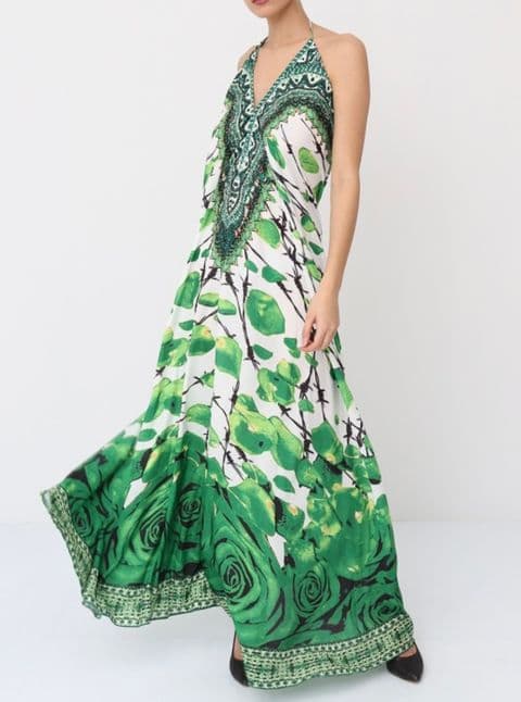 BARBADOS HALTERNECK EMBELLISHED MAXI DRESS GREEN FLORAL