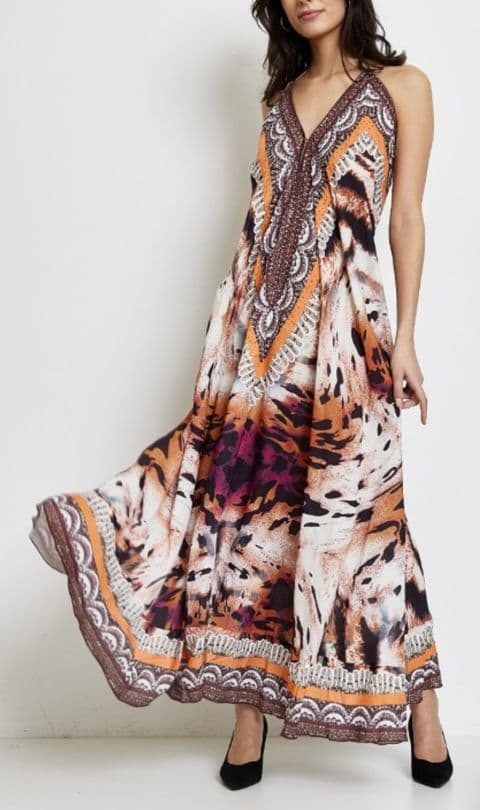 BARBADOS HALTERNECK EMBELLISHED MAXI DRESS LEOPARD
