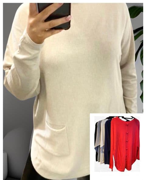 Bella Diamante Bow Back Soft Knit Two Pocket Jumpers