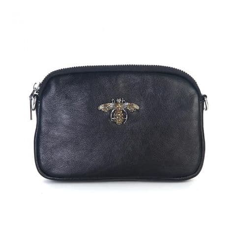 Betsy Real Leather Diamante Bee Cross Body Bag Black