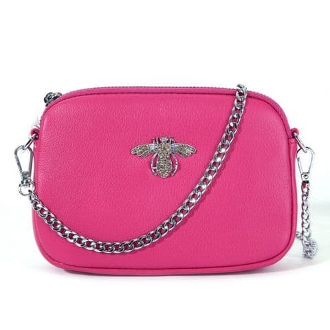 Betsy Real Leather Diamante Bee Cross Body Bag Fushia Pink