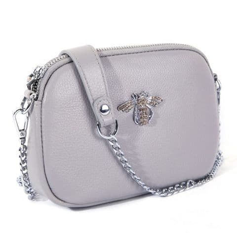 Betsy Real Leather Diamante Bee Cross Body Bag Grey
